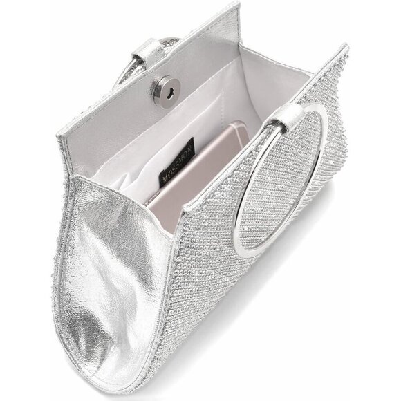 Women Silver Crystal Clutch Elegant Wristlet Bride Handbag - Picture 3 of 6